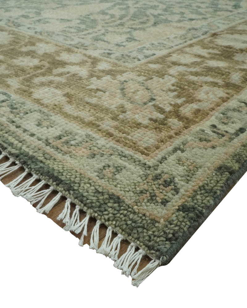 Antique look vintage style 8x10 Green, Beige and Brown traditional Hand Knotted wool rug