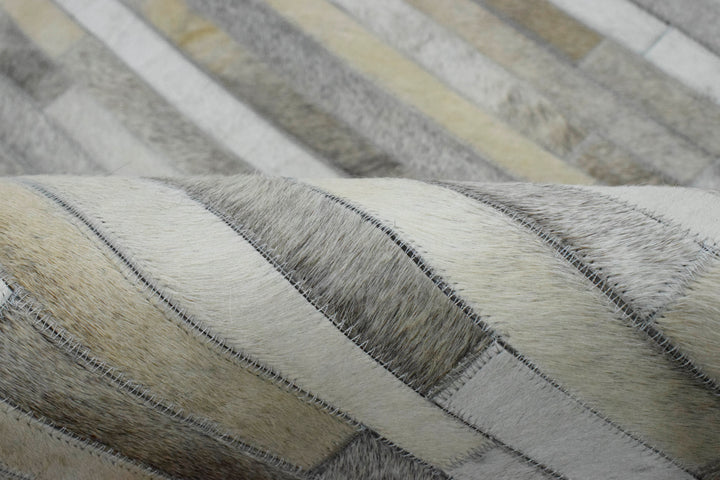Ready to Ship Modern Stripe Beige And Silver Handmade 5x8 Leather Rug