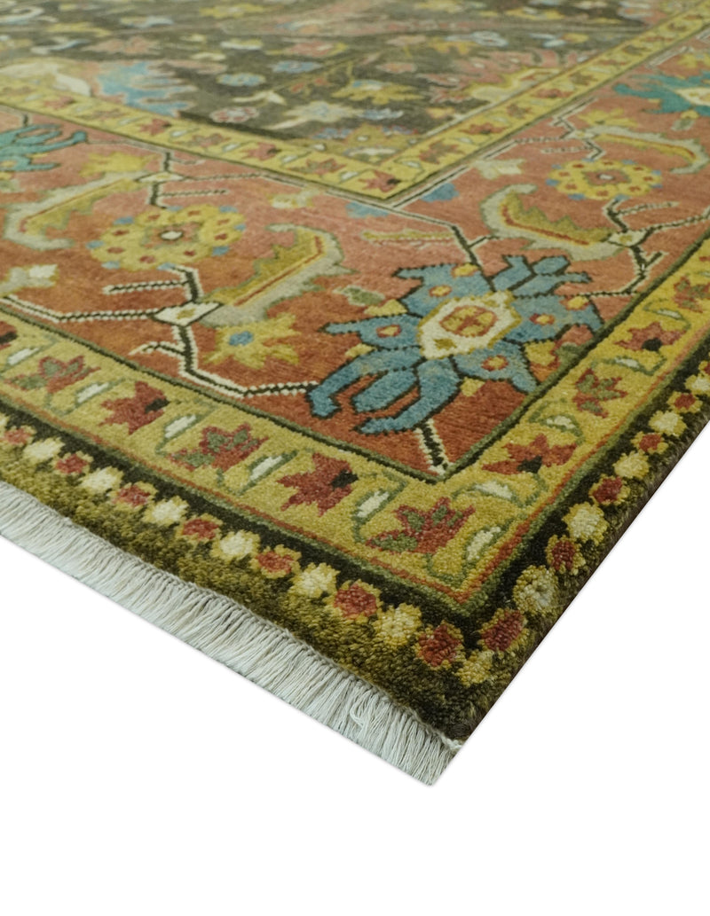 Antique Style Fine Hand Knotted 8.4x11.8 Olive, Rust an Mustard Traditional wool area rug