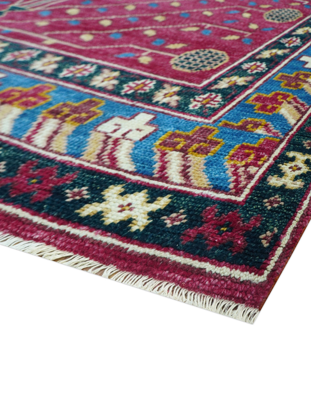 Custom Made Traditional Tribal Design Red And Blue Hand Knotted Wool Rug