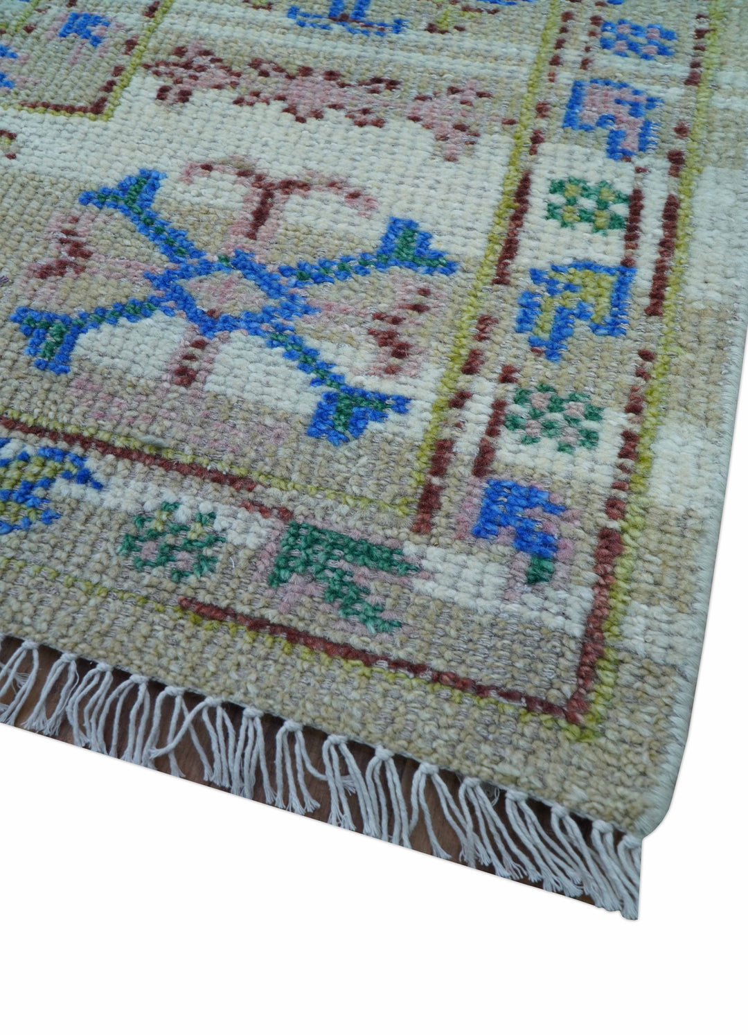 Quick Ship Beige And Blue Transitional Hand Knotted 8x10 Wool Rug
