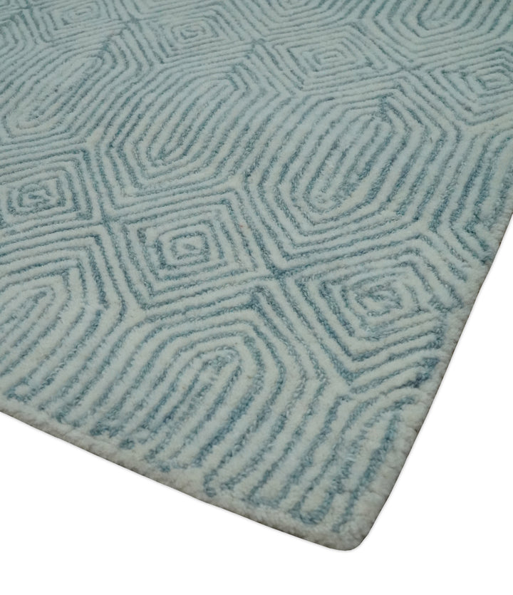 Ready to Ship Teal And Ivory Modern Contemporary Hand Tufted 6x9 Wool Rug