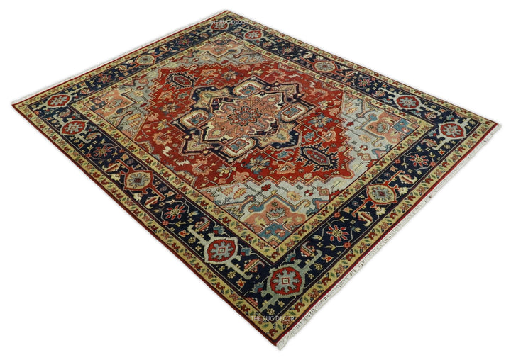 Red and blue traditional medallion hand-knotted wool rug viewed at an angle