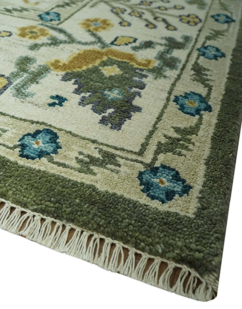 Green and Ivory Traditional Turkish Hand Knotted 8x10 Antique Style Wool Area Rug