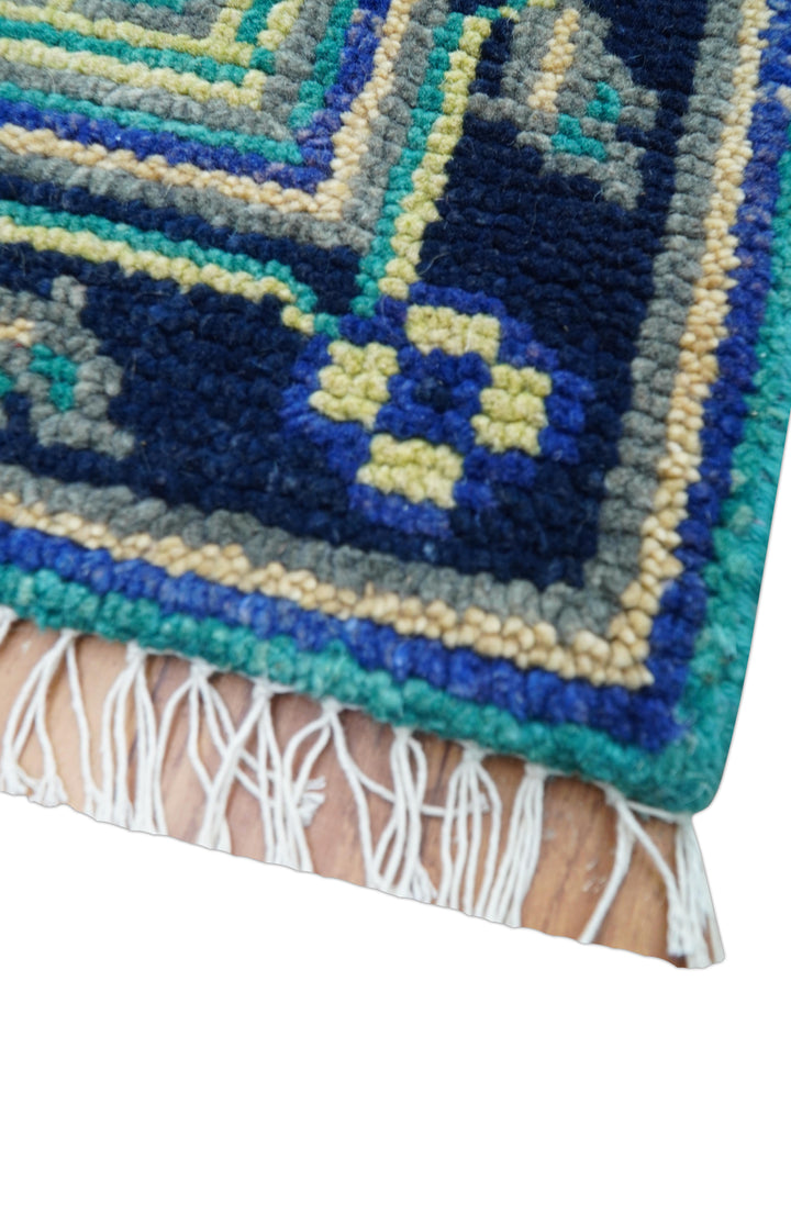 Traditional Khotan Design Teal Hand knotted 3x6 Wool Area Rug