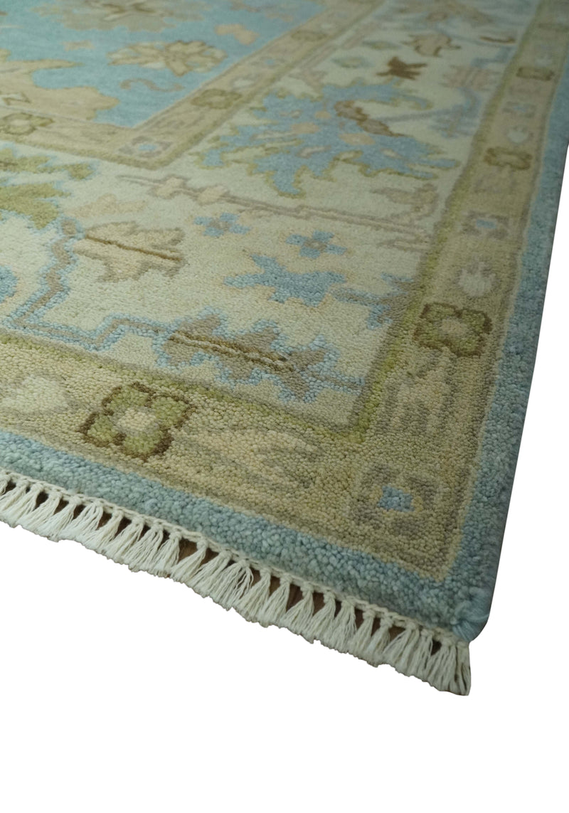 Light Blue, Beige and Ivory Hand knotted 8x10 Traditional Oriental Oushak wool rug