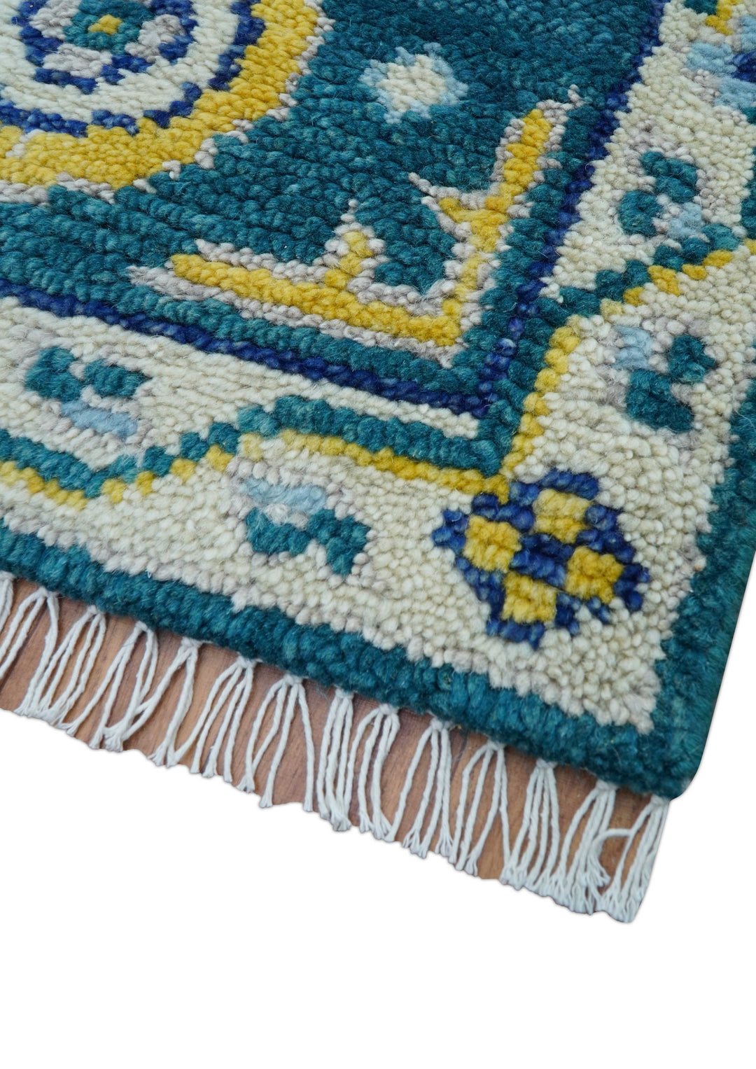Hand knotted 2x3 Yellow And Teal Traditional Khotan Design Wool Area Rug