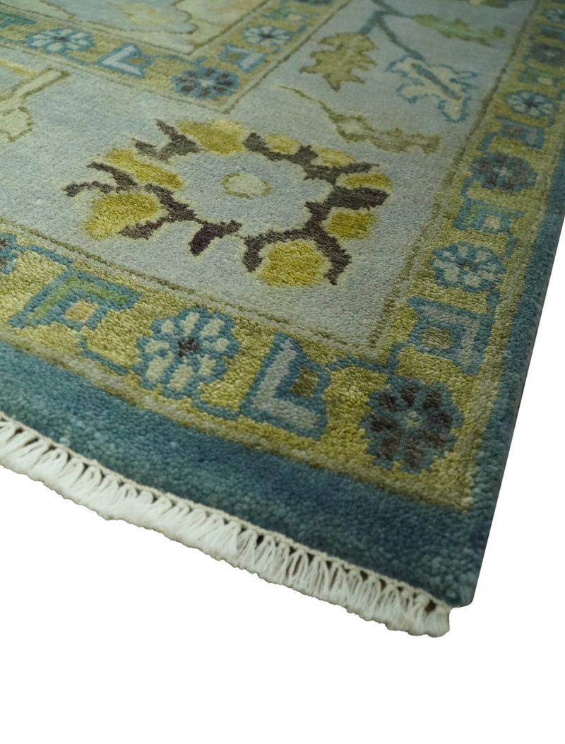 Blue, Silver and Olive 8x10 Hand knotted Traditional Oushak wool area rug