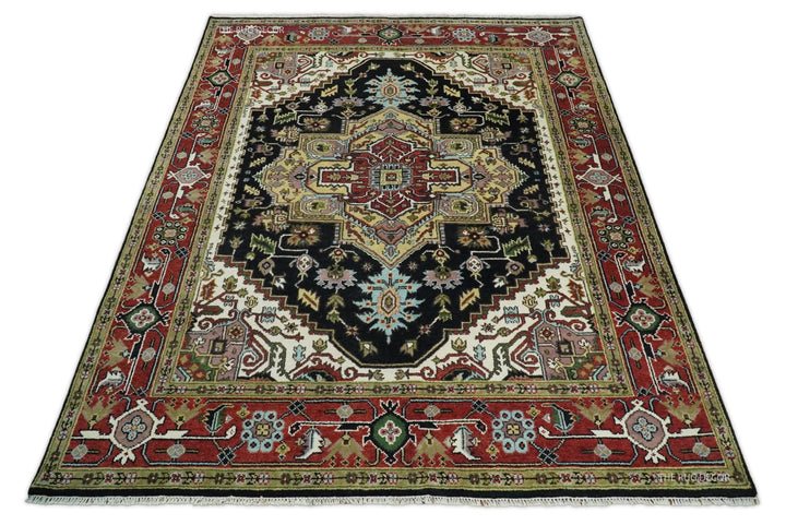 Hand-knotted wool rug full view with black medallion, red border, and cream accents