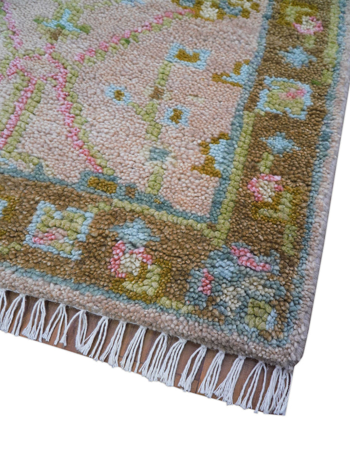 Traditional Peach And Brown Hand Knotted 2x3 Wool Rug