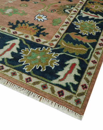 Peach, Blue and Green Traditional Oushak hand knotted 8x10 wool area rug