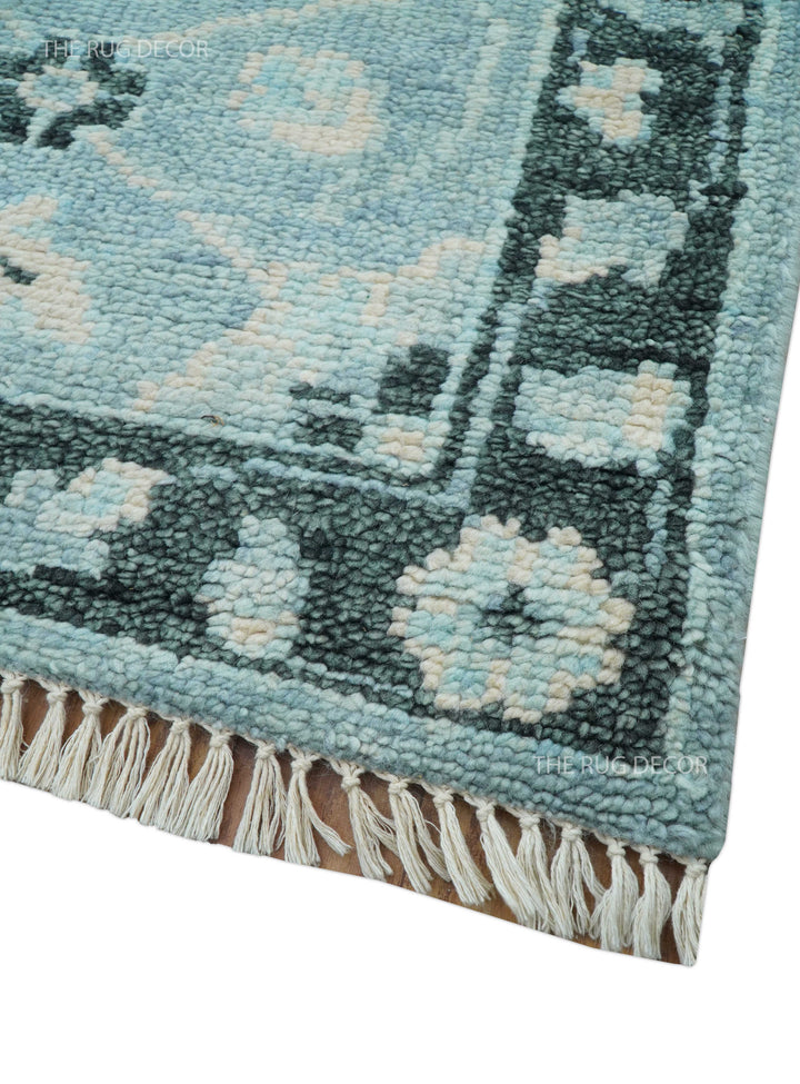 Custom Made Oushak Blue And Beige Hand Knotted Wool Rug