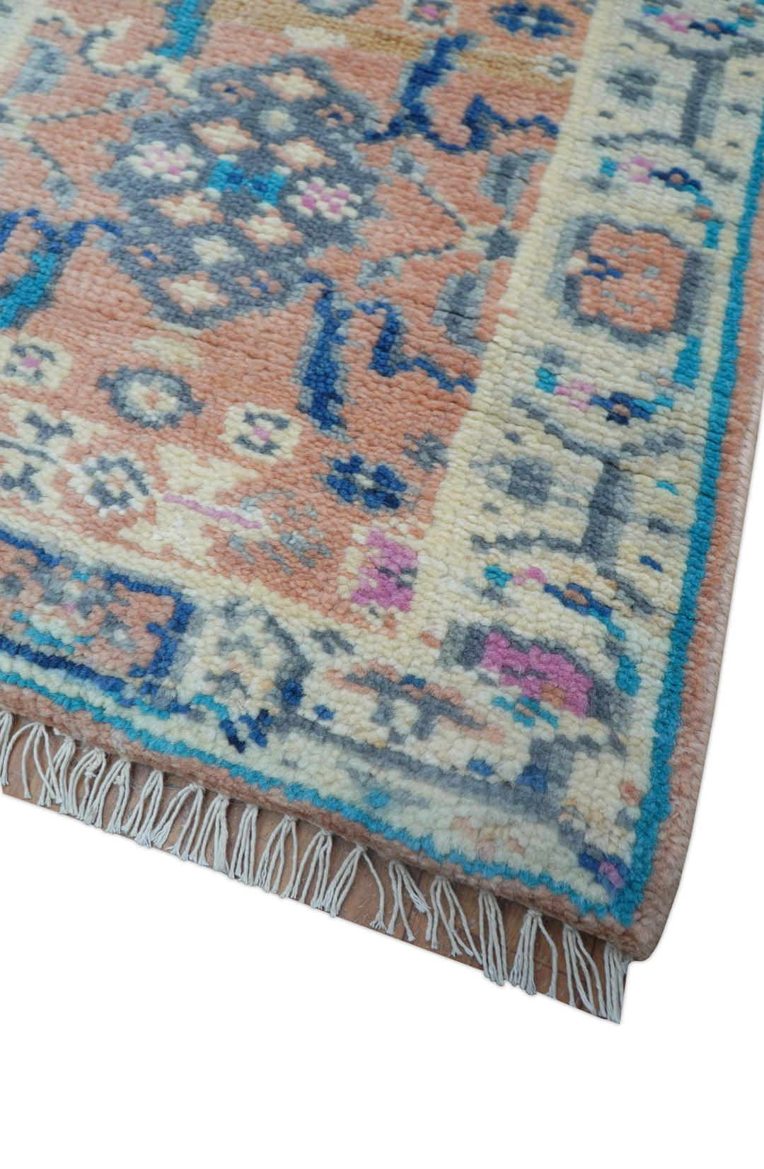 2x3 Traditional Peach And Ivory Hand Knotted Wool Rug