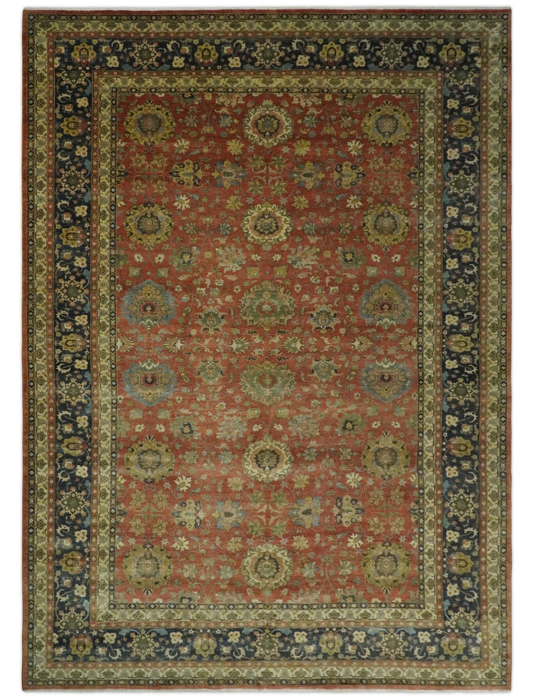 9x12 and 10x14 Hand Knotted Rust, Charcoal and Beige Traditional Wool Rug - The Rug Decor