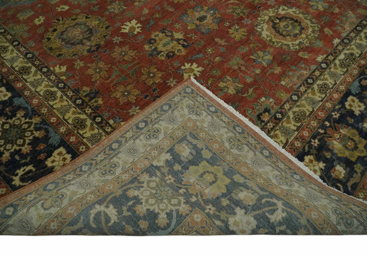 9x12 and 10x14 Hand Knotted Rust, Charcoal and Beige Traditional Wool Rug - The Rug Decor