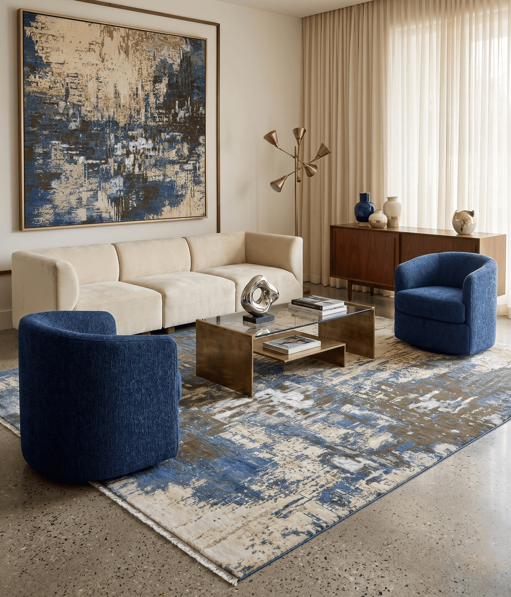 9x12 Fine Hand Knotted Beige and Blue Modern Abstract Wool and Silk Area Rug - The Rug Decor
