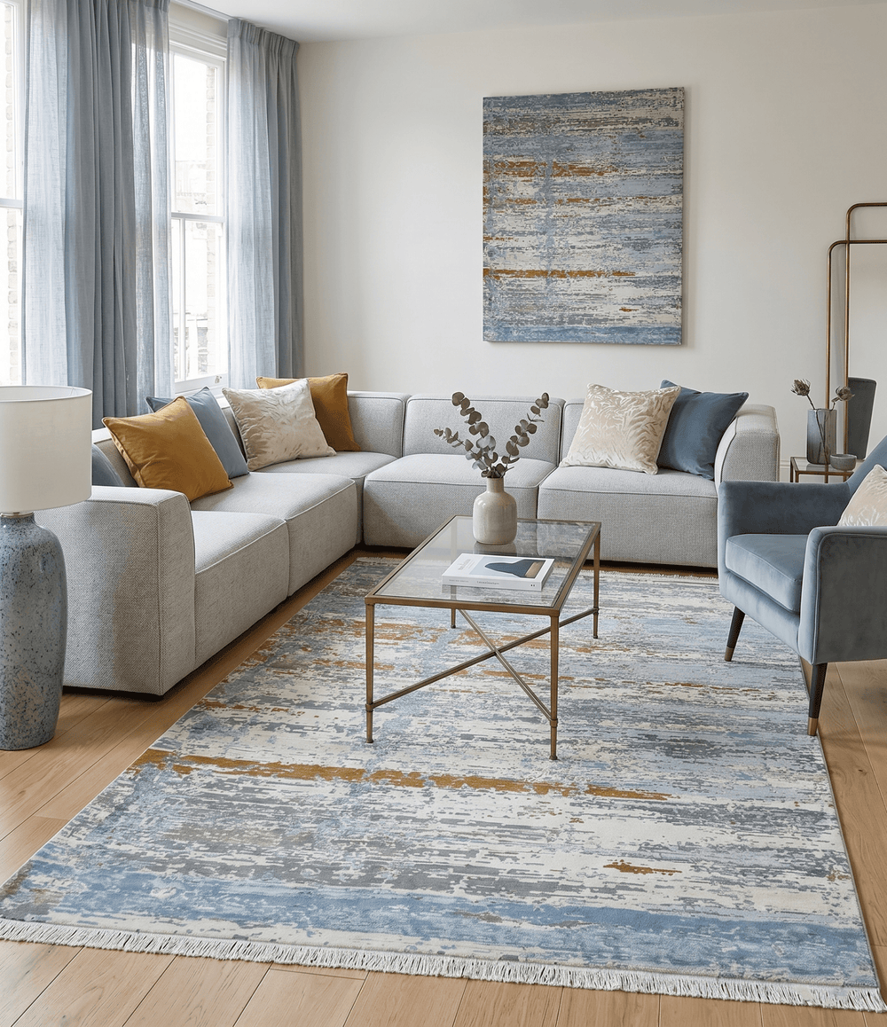 9x12 Fine Hand Knotted Ivory and Blue Modern Abstract Style Wool and Silk Area Rug - The Rug Decor