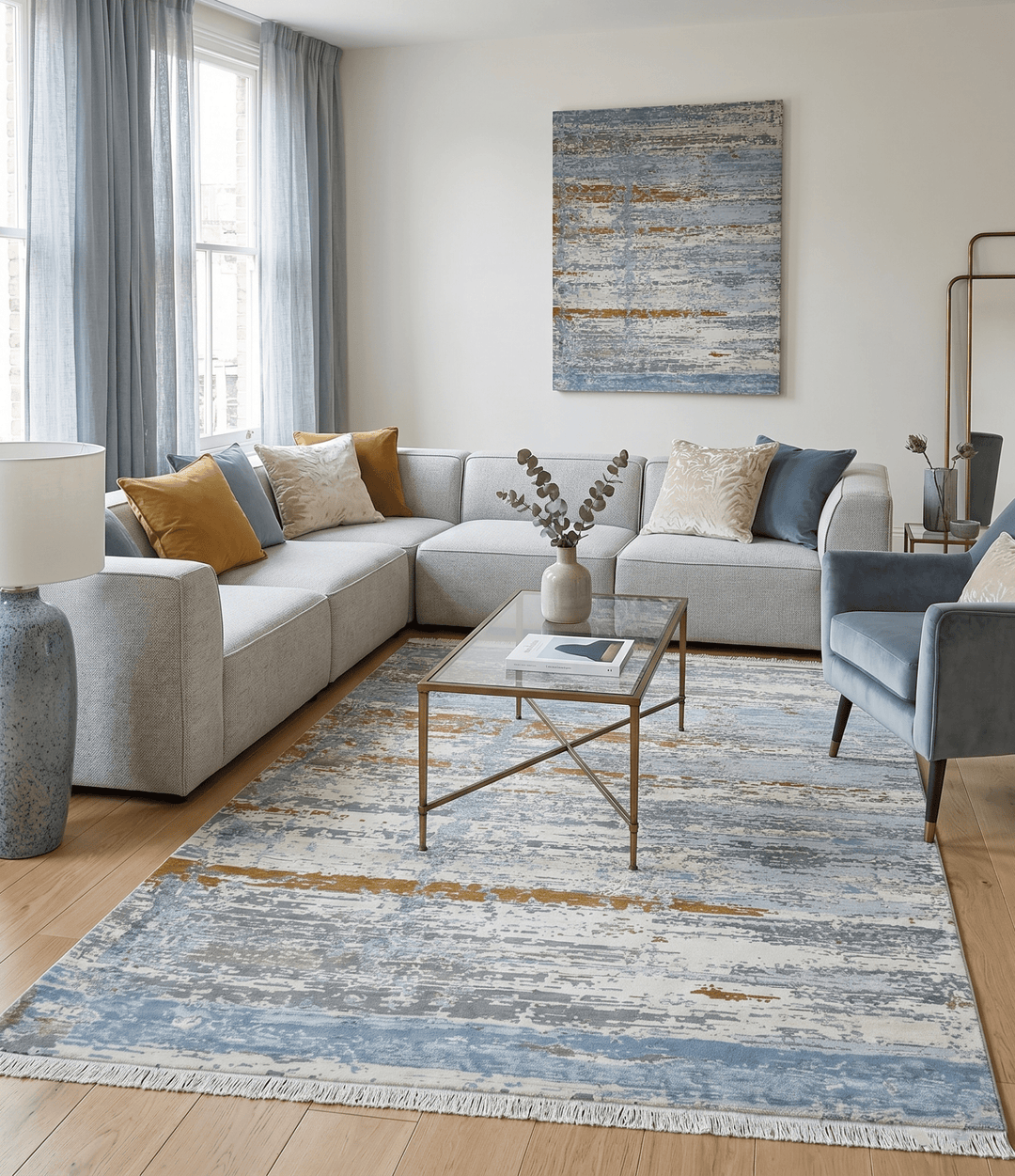 9x12 Fine Hand Knotted Ivory and Blue Modern Abstract Style Wool and Silk Area Rug - The Rug Decor