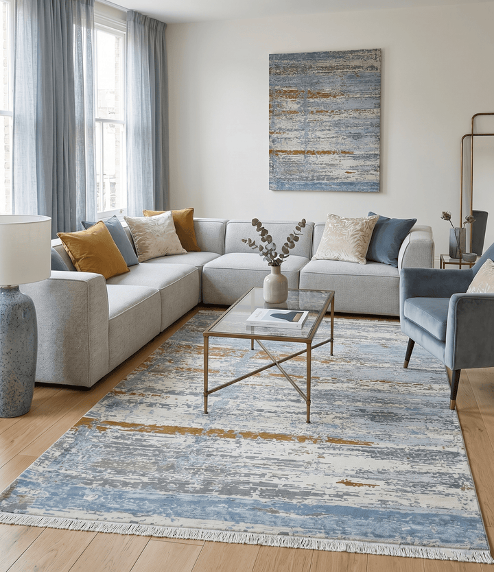 9x12 Fine Hand Knotted Ivory and Blue Modern Abstract Style Wool and Silk Area Rug - The Rug Decor