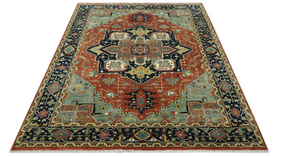 9x12 Fine Hand Knotted Rust, Blue and Aqua Traditional Heriz wool area rug - The Rug Decor