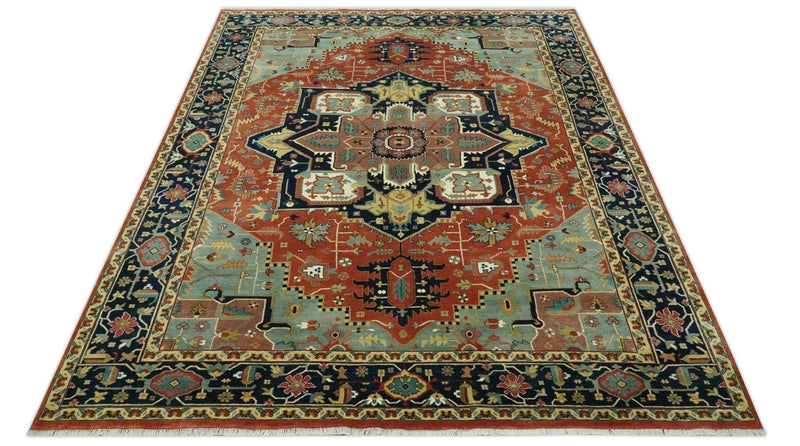 9x12 Fine Hand Knotted Rust, Blue and Aqua Traditional Heriz wool area rug - The Rug Decor