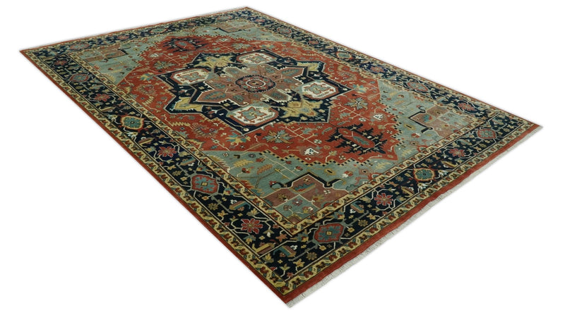 9x12 Fine Hand Knotted Rust, Blue and Aqua Traditional Heriz wool area rug - The Rug Decor