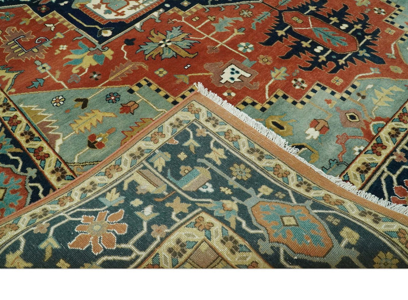 9x12 Fine Hand Knotted Rust, Blue and Aqua Traditional Heriz wool area rug - The Rug Decor