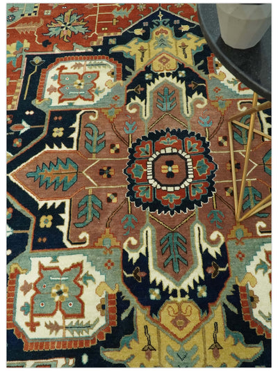 9x12 Fine Hand Knotted Rust, Blue and Aqua Traditional Heriz wool area rug - The Rug Decor