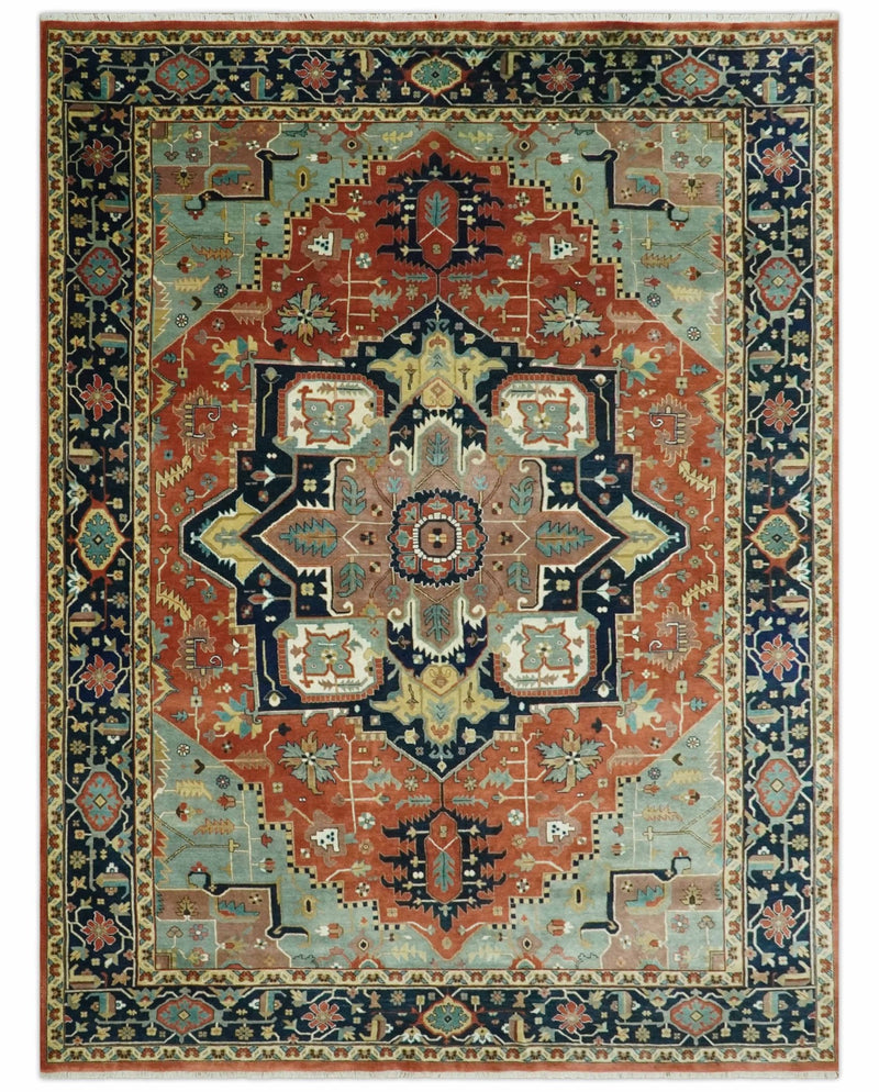 9x12 Fine Hand Knotted Rust, Blue and Aqua Traditional Heriz wool area rug - The Rug Decor