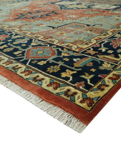 9x12 Fine Hand Knotted Rust, Blue and Aqua Traditional Heriz wool area rug - The Rug Decor