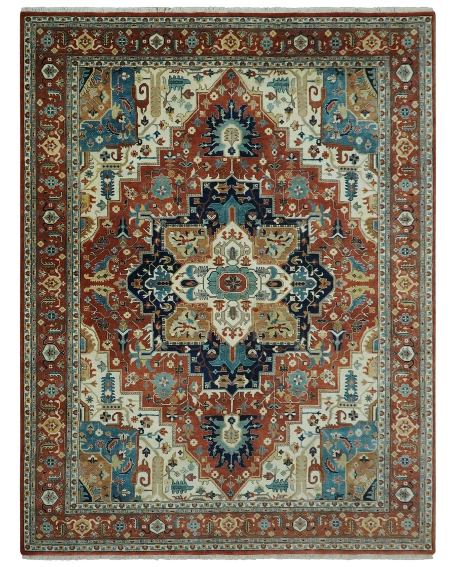 9x12 Fine Hand Knotted Rust, Ivory and Teal Traditional Heriz wool area rug - The Rug Decor