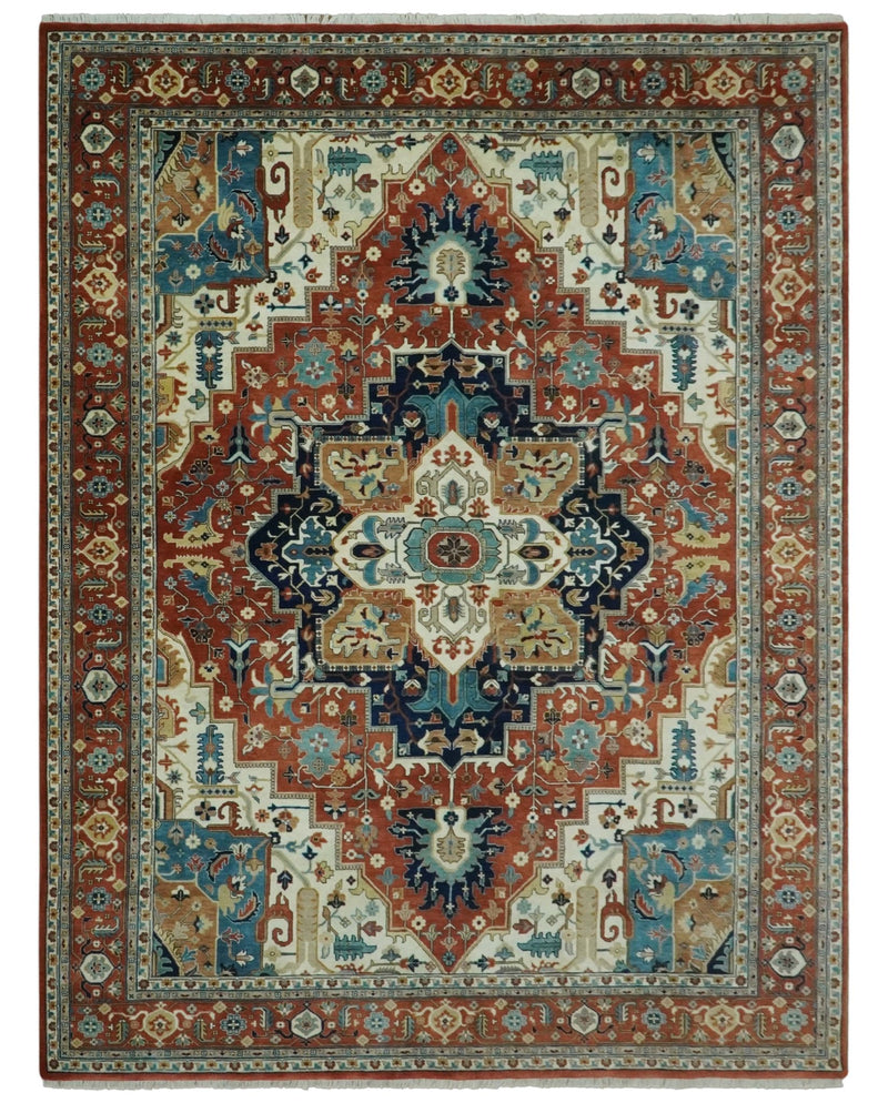 9x12 Fine Hand Knotted Rust, Ivory and Teal Traditional Heriz wool area rug - The Rug Decor