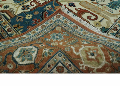 9x12 Fine Hand Knotted Rust, Ivory and Teal Traditional Heriz wool area rug - The Rug Decor