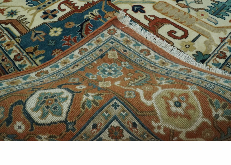 9x12 Fine Hand Knotted Rust, Ivory and Teal Traditional Heriz wool area rug - The Rug Decor