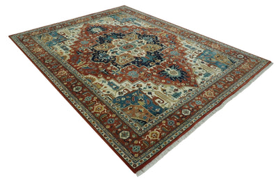 9x12 Fine Hand Knotted Rust, Ivory and Teal Traditional Heriz wool area rug - The Rug Decor