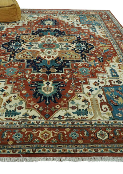 9x12 Fine Hand Knotted Rust, Ivory and Teal Traditional Heriz wool area rug - The Rug Decor