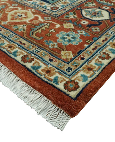 9x12 Fine Hand Knotted Rust, Ivory and Teal Traditional Heriz wool area rug - The Rug Decor