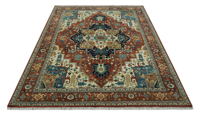 9x12 Fine Hand Knotted Rust, Ivory and Teal Traditional Heriz wool area rug - The Rug Decor