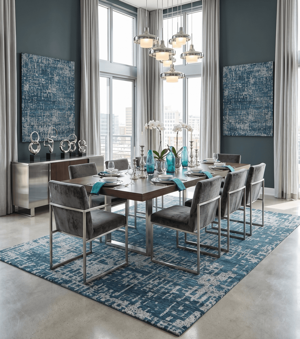 9x12 Hand Knotted Blue and Silver Modern Abstract Contemporary Recycled Silk Area Rug - The Rug Decor