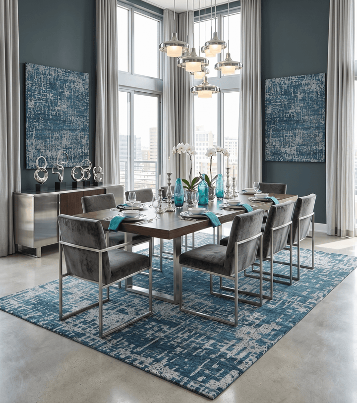 9x12 Hand Knotted Blue and Silver Modern Abstract Contemporary Recycled Silk Area Rug - The Rug Decor