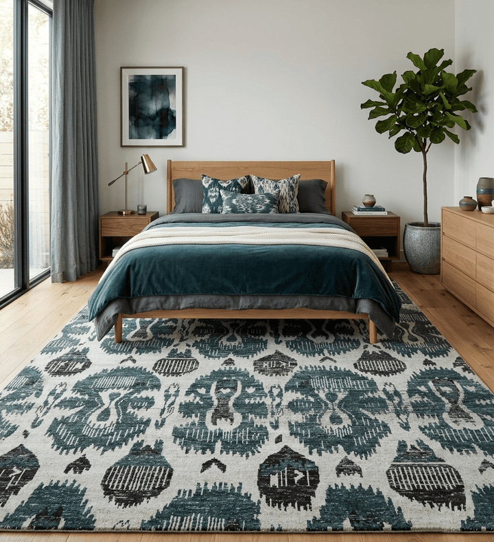 9x12 Hand Knotted Ivory, Teal and Brown Contemporary Style Recycled Silk Area Rug - The Rug Decor