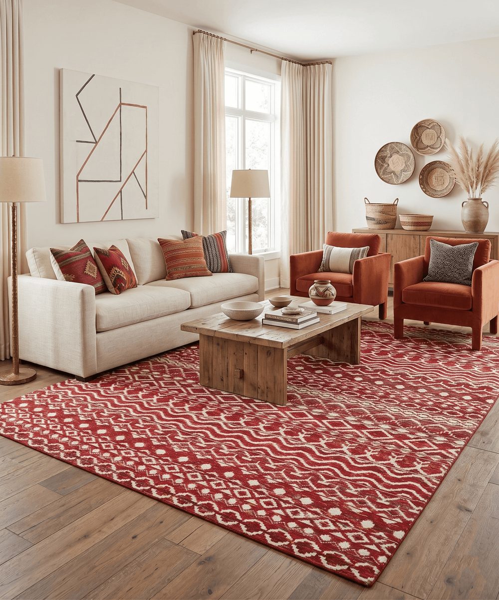 9x12 Hand Knotted Maroon and White Modern Contemporary Southwestern Tribal Trellis Recycled Silk Area Rug - The Rug Decor