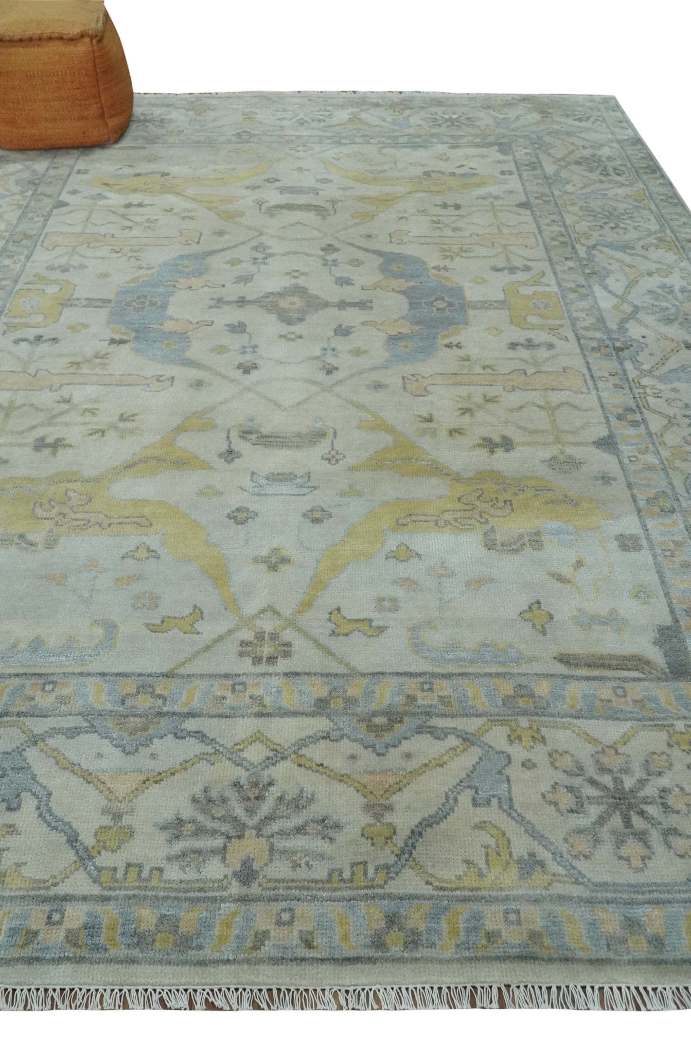 9x12 Hand Knotted Oriental Oushak Ivory, Charcoal and Yellow Wool Area Rug - The Rug Decor