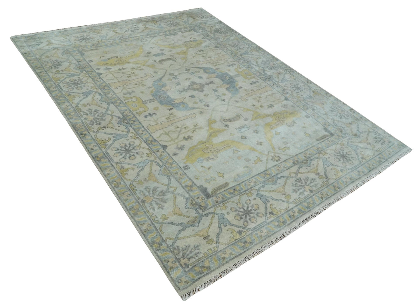 9x12 Hand Knotted Oriental Oushak Ivory, Charcoal and Yellow Wool Area Rug - The Rug Decor