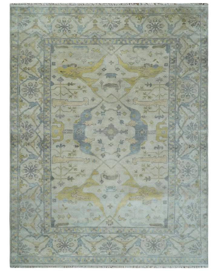 9x12 Hand Knotted Oriental Oushak Ivory, Charcoal and Yellow Wool Area Rug - The Rug Decor