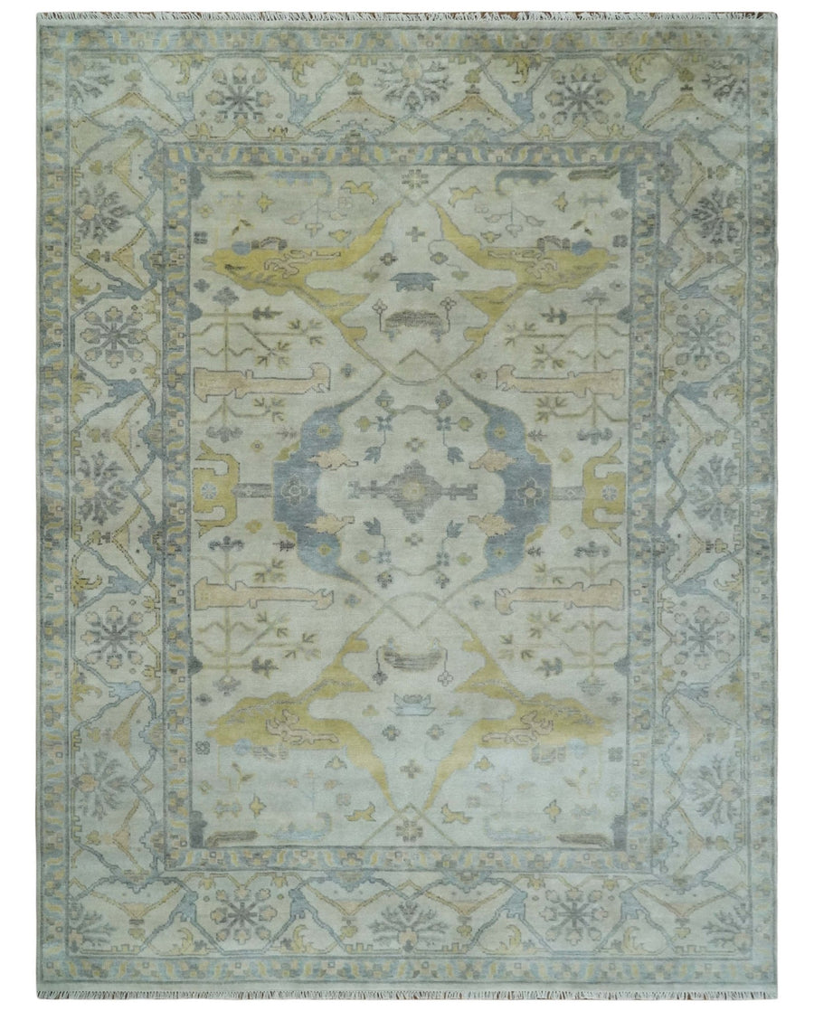 9x12 Hand Knotted Oriental Oushak Ivory, Charcoal and Yellow Wool Area Rug - The Rug Decor