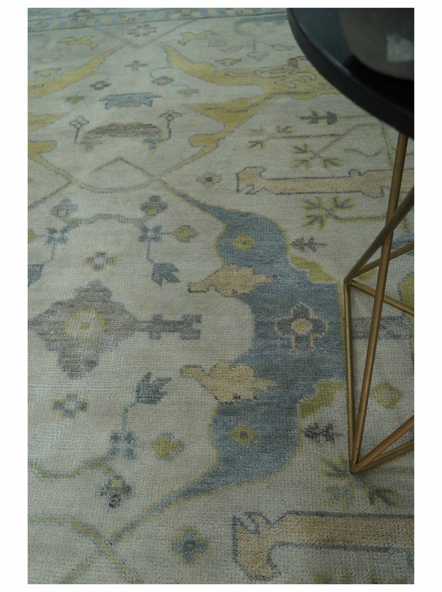 9x12 Hand Knotted Oriental Oushak Ivory, Charcoal and Yellow Wool Area Rug - The Rug Decor