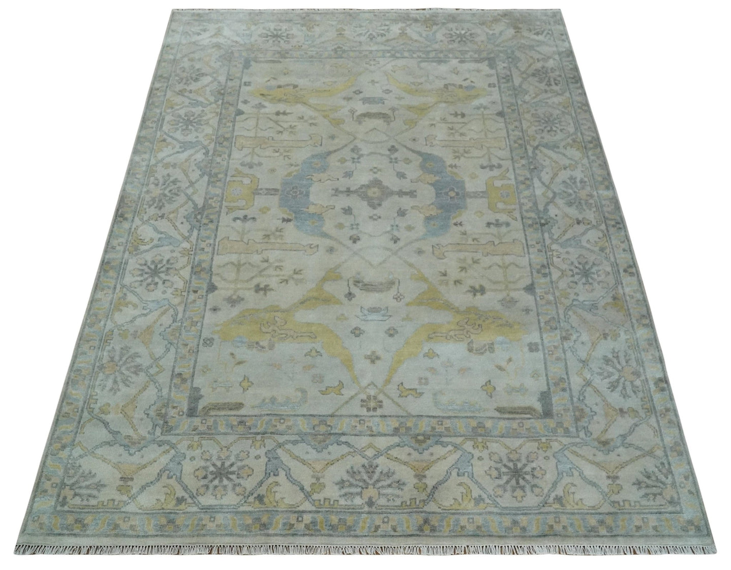 9x12 Hand Knotted Oriental Oushak Ivory, Charcoal and Yellow Wool Area Rug - The Rug Decor
