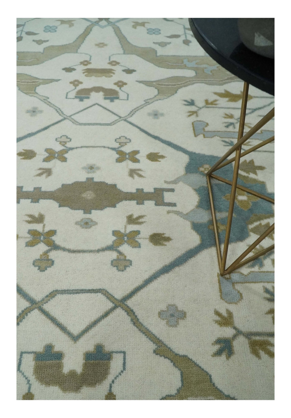 9x12 Hand Knotted Oriental Oushak Ivory, Teal and Beige Wool Area Rug - The Rug Decor