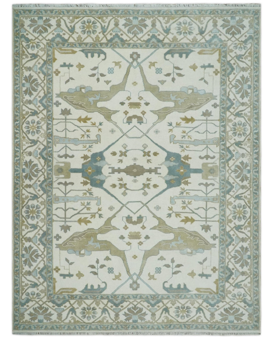 9x12 Hand Knotted Oriental Oushak Ivory, Teal and Beige Wool Area Rug - The Rug Decor